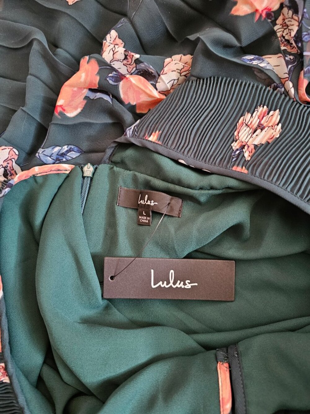 Lulus Loved By You Dark Green Floral Print Pleated Chiffon Maxi Dress - Size L - Picture 7 of 8